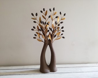 Modern olive tree sculpture, ceramic olive tree with brass olive branches, brown olive tree with split trunk and brown ceramic olives