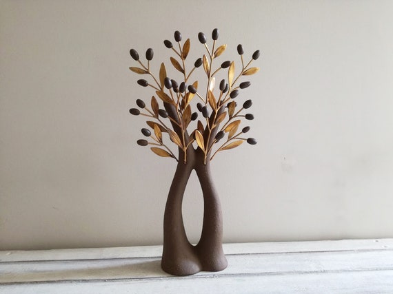 Modern olive tree sculpture, ceramic olive tree with brass olive branches, brown olive tree with split trunk and brown ceramic olives