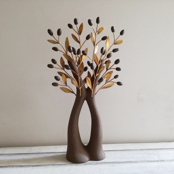 Modern olive tree sculpture, ceramic olive tree with brass olive branches, brown olive tree with split trunk and brown ceramic olives