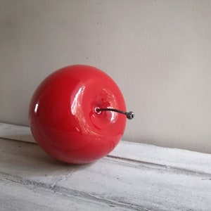 Red apple sculpture, ceramic apple in bright red, earthenware clay red apple with black, metal stem, life size red apple image 2