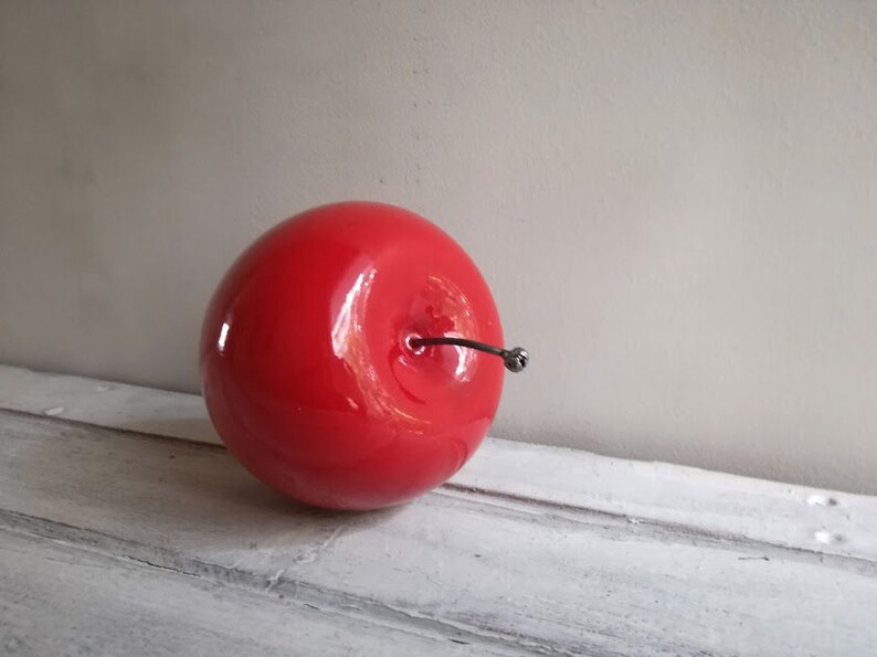 Red apple sculpture, ceramic apple in bright red, earthenware clay red apple with black, metal stem, life size red apple image 2
