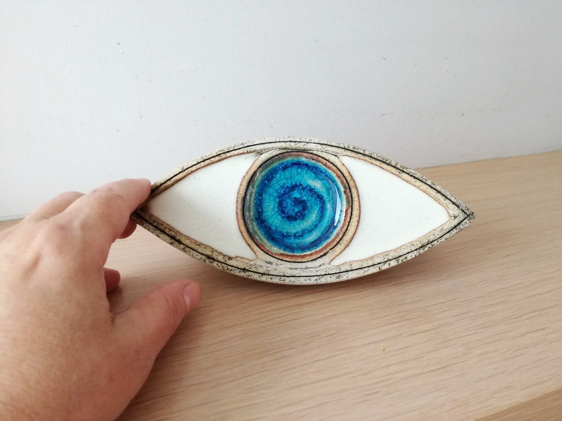 Large ceramic eye, high fire stoneware clay, ceramic blue eye sculpture