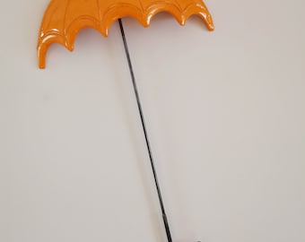 Orange umbrella ceramic sculpture, earthenware clay wall sculpture umbrella, ceramic metal, life size, orange umbrella wall decor