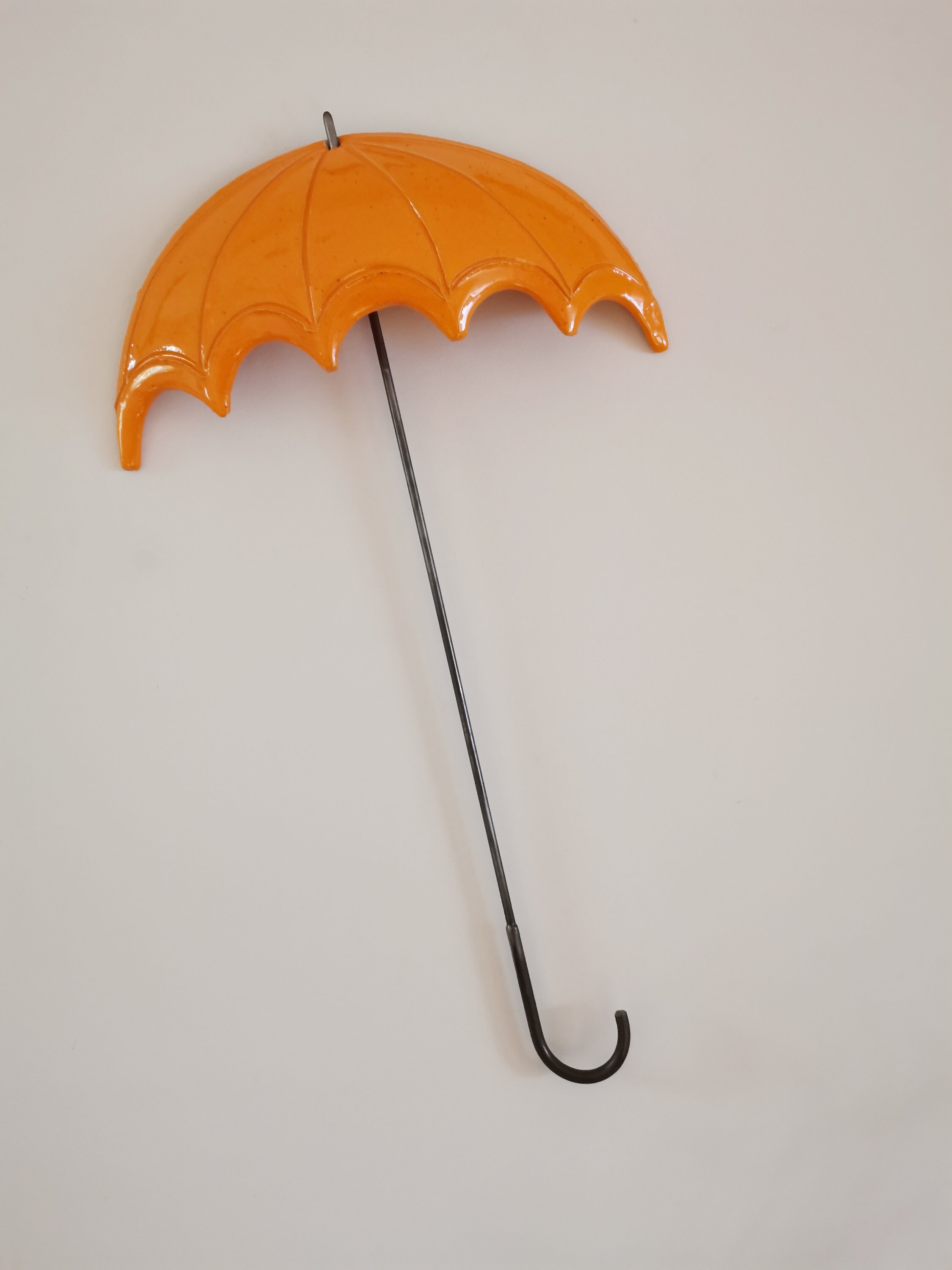 Orange umbrella ceramic sculpture, earthenware clay wall sculpture umbrella, ceramic metal, life