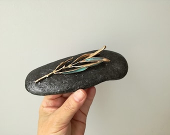 Gold olive branch on stone, olive twig on black stone, Greek olive in brass copper patina, olive branch favours, olive branch paperweight