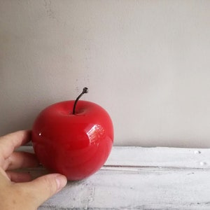 Red apple sculpture, ceramic apple in bright red, earthenware clay red apple with black, metal stem, life size red apple image 6