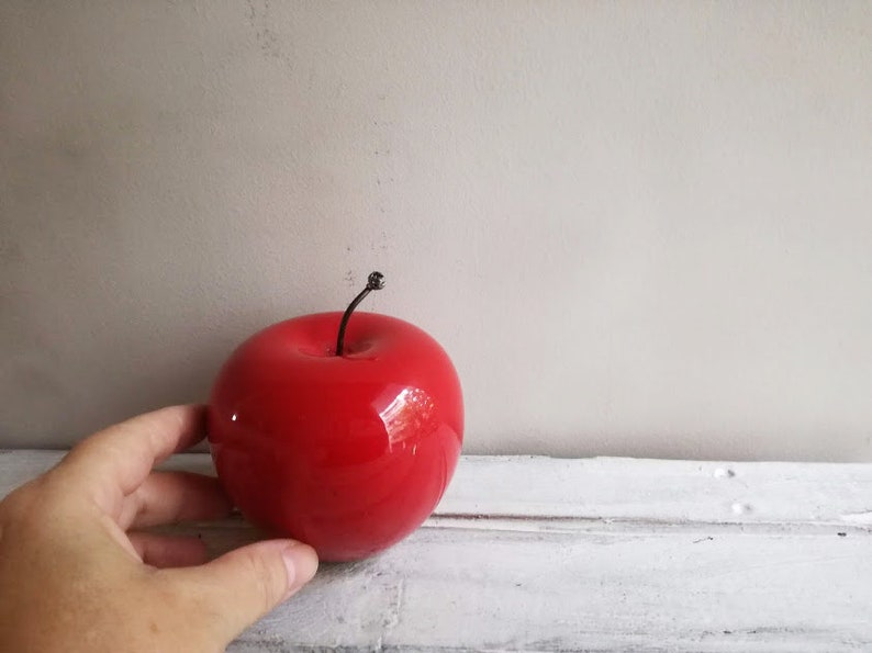 Red apple sculpture, ceramic apple in bright red, earthenware clay red apple with black, metal stem, life size red apple image 6