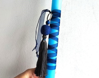 Key ring Easter candle, teens and grownups, Easter candle with blue-grey tassel key chain, unique Greek lambada in light blue