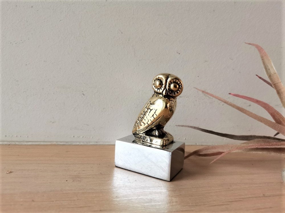 Brass owl sculpture, Greek folk art sculpture of owl on aluminum base, museum copy, Greek owl figuri