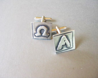 Alpha Omega cufflinks, solid sterling cufflinks, one with letter Alpha, A, one with Omega, Ω, oxidised, hipster silver cufflinks