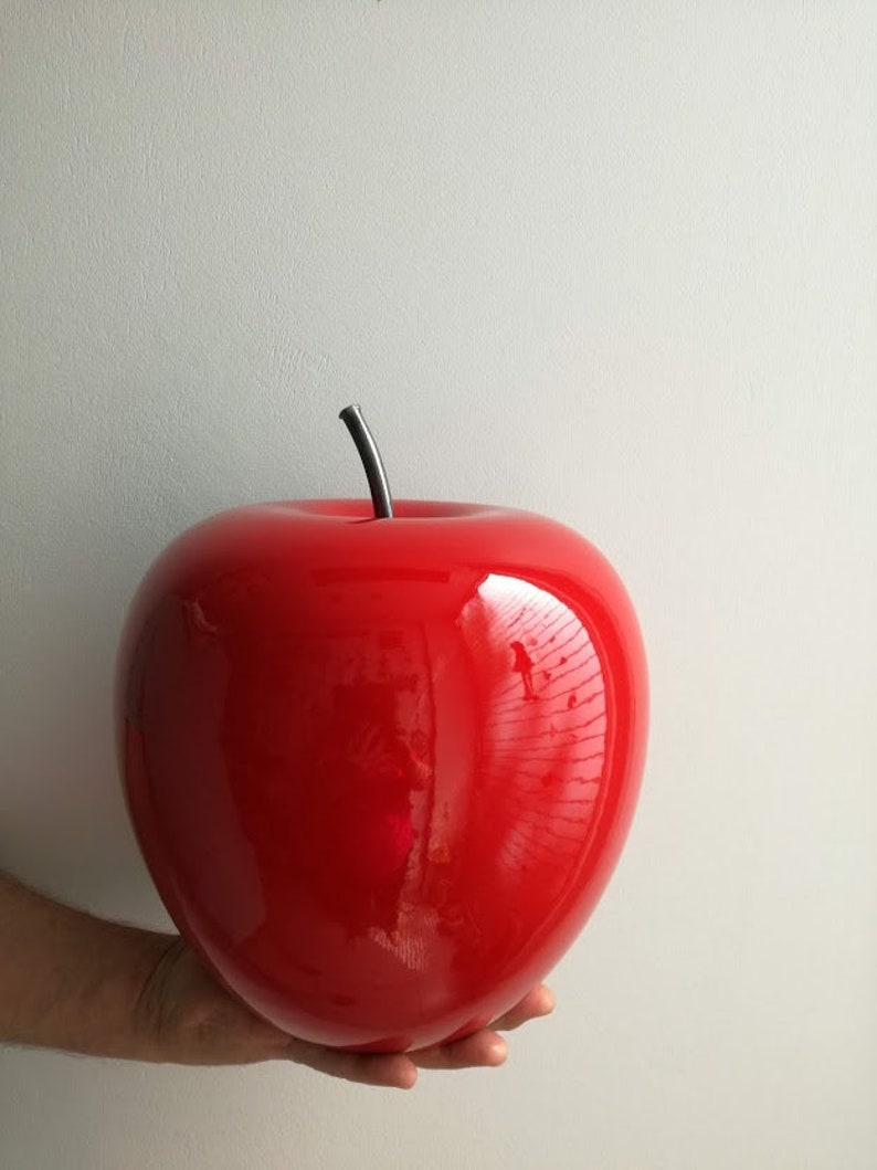 Large apple sculpture, large scarlet ceramic apple with black, iron stem, large apple sculpture, modern apple art object image 6