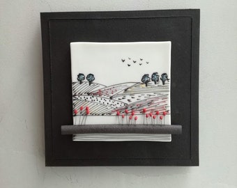 Hillside meadows wall tile, stoneware and porcelain wall tile with hills and trees and flowers, minimalist wall hanging