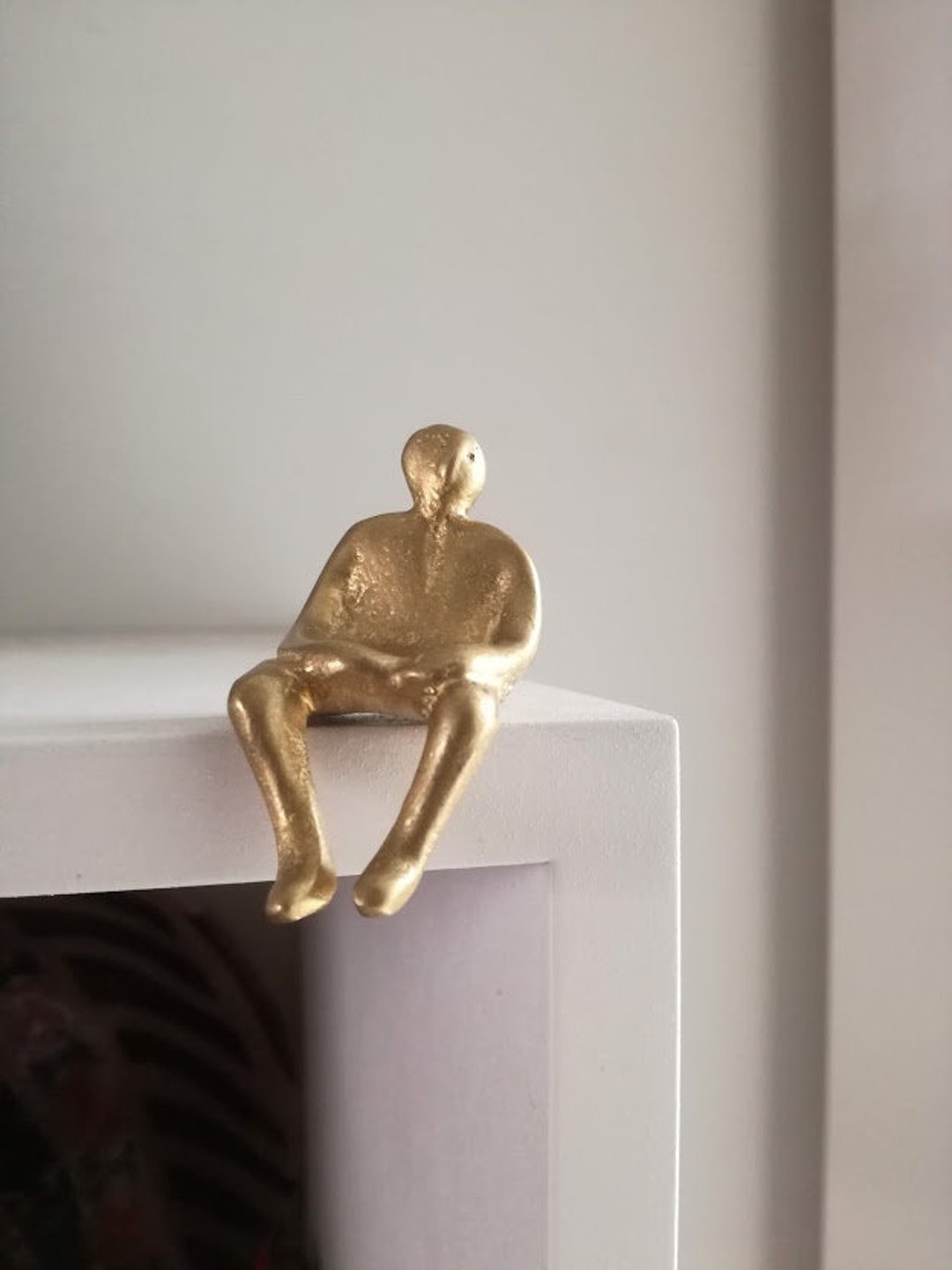 Seated Man Figure, Brass Sculpture of Sitting Man, Little Figure Sculpture  Perched on the Edge of a Shelf, Oxidised Brass, Tiny Figurine 