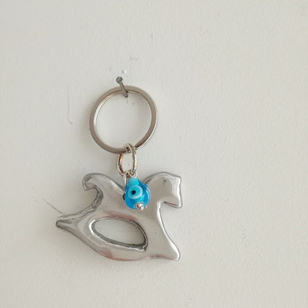 Silver rocking horse keychain, aluminum horse key ring with glass blue eye, good luck keyring, unisex key chain, rocking horse and blue eye