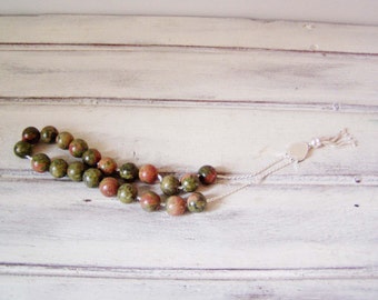 Unakite worry beads set, sterling silver and unakite round beads, Greek worry beads, komboloi, green-pink unakite prayer beads-mala