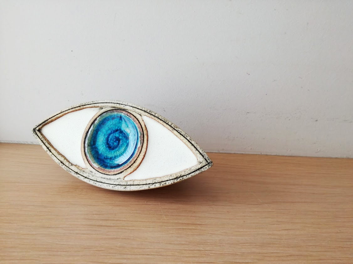 Large ceramic eye, high fire stoneware clay, ceramic blue eye sculpture