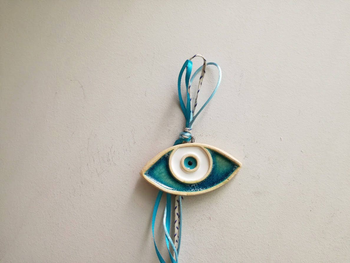 Ceramic blue eye, white and blue eye charm, evil eye protectin charm