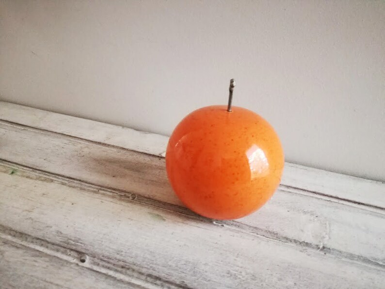 Ceramic orange sculpture, orange fruit in bright orange, earthenware clay orange with black, metal stem image 6