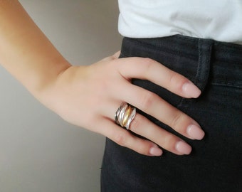 Multi band ring, silver gold quirky ring with four double bands, silver gold plated bands whimsical ringring