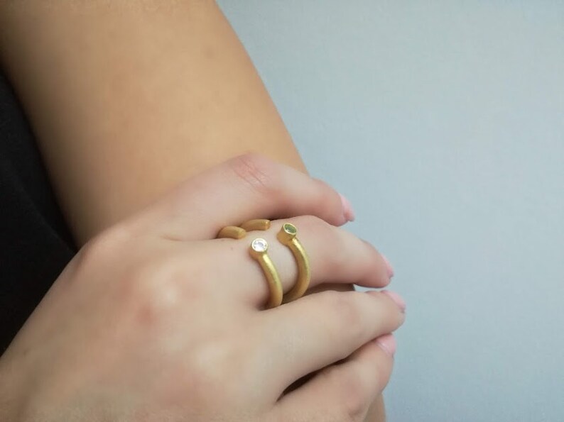 gem stone amethyst Minimalist open ring solid silver open band ring with round peridot and zirconium gold plated band with garnet