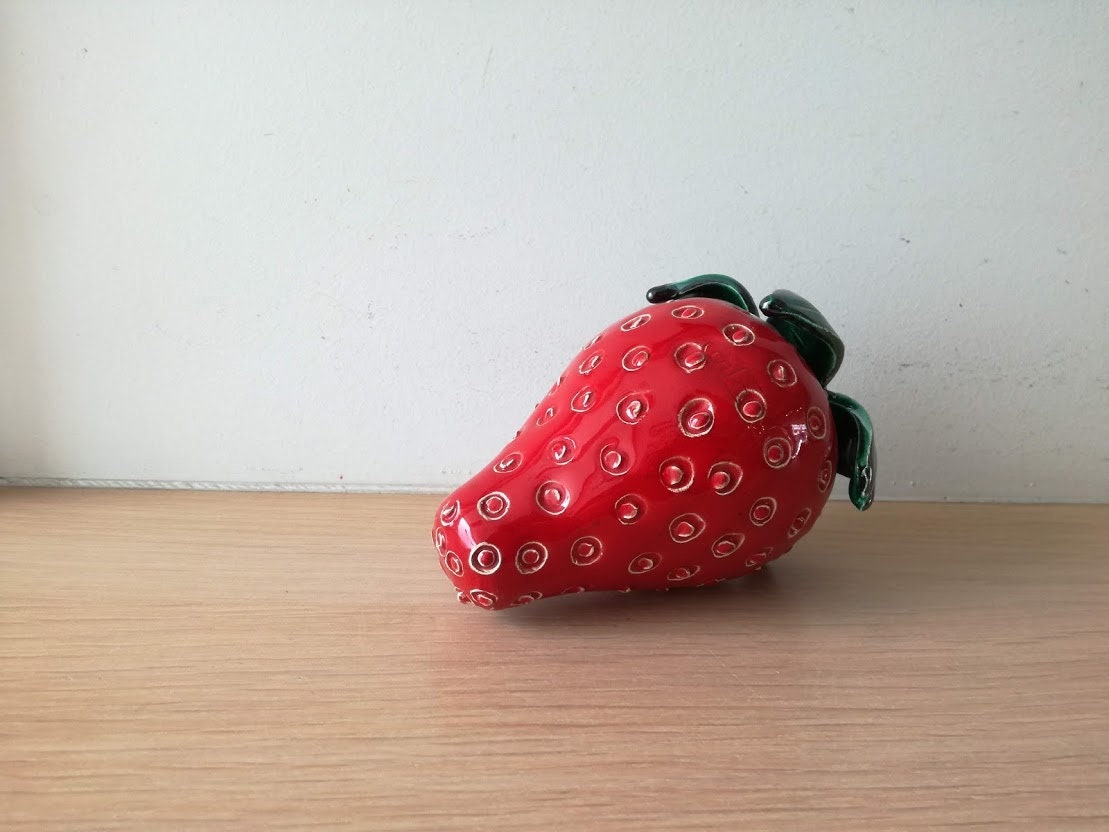 Large strawberry sculpture, scarlet ceramic strawberry with green