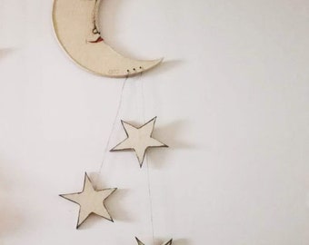 Moon and stars wall hanging, ceramic moon and stars wall sculpture, stoneware high fire moon and stars, hand built, boho rustic decor