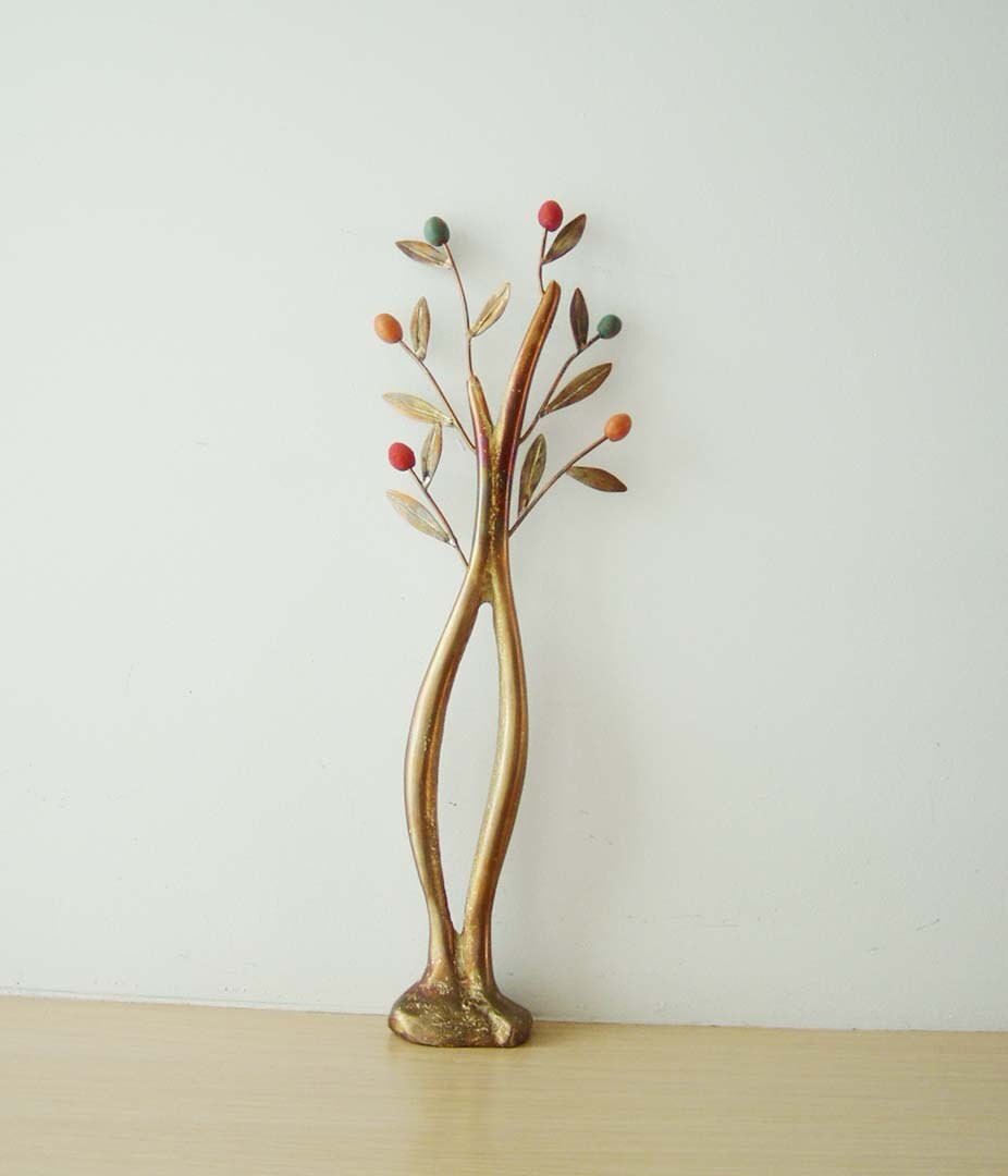 Modern olive tree sculpture, brass olive tree with colourful olives