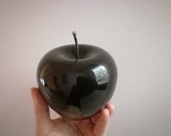 Black apple sculpture,  glossy ceramic apple in black, earthenware clay black apple with black, metal stem, life size