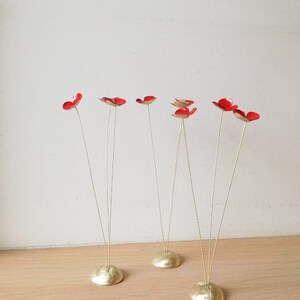 Red poppies metal sculpture, brass flowers art object with red enamel, three poppies gold red sculpture, flower decor, scarlet poppies art image 9