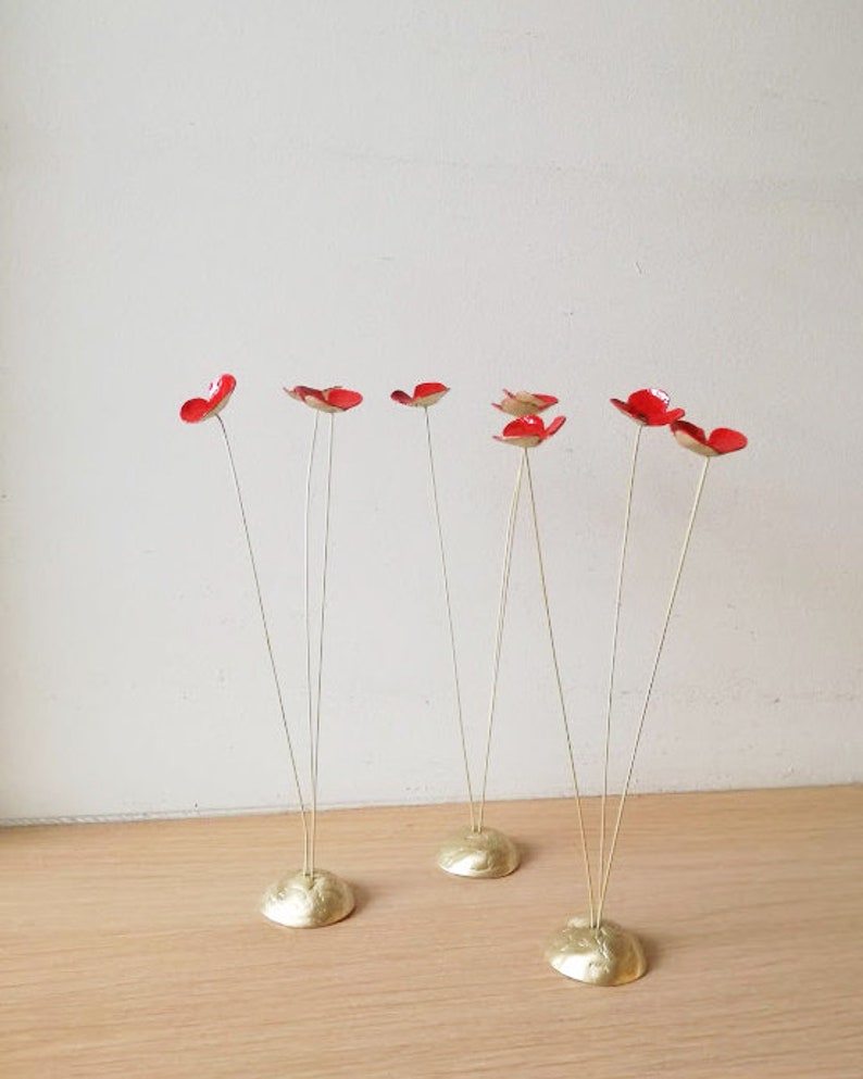 Red poppies metal sculpture, brass flowers art object with red enamel, three poppies gold red sculpture, flower decor, scarlet poppies art image 9