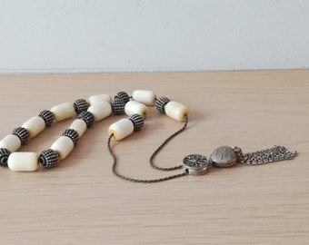 Camel bone worry beads, white, bone and sterling silver beads on silver chain, silver and bone worry beads set, Greek komboloi, prayer mala