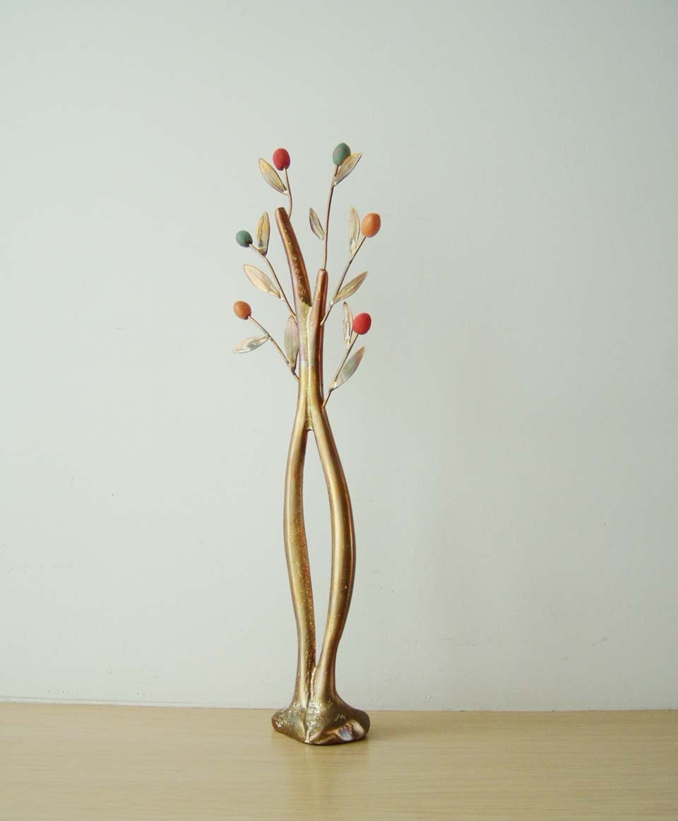 Modern olive tree sculpture, brass olive tree with colourful olives