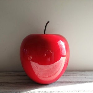 Ceramic apple sculpture, large red ceramic apple with black, iron stem, large, bright red apple sculpture