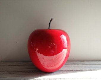 Ceramic apple sculpture, large red ceramic apple with black, iron stem, large, bright red apple sculpture