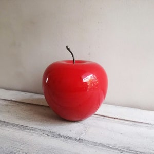 Red apple sculpture, ceramic apple in bright red, earthenware clay red apple with black, metal stem, life size red apple image 10