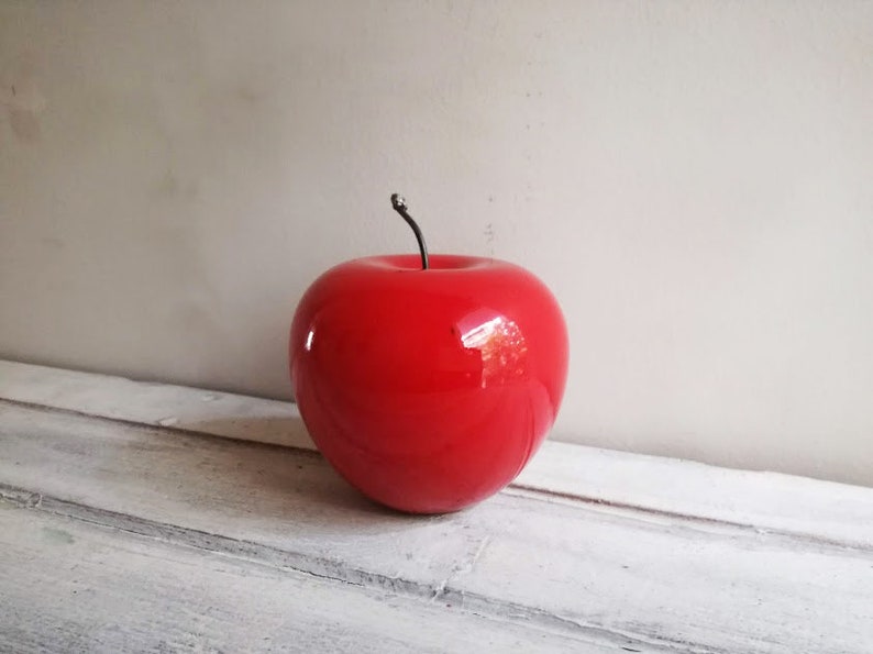 Red apple sculpture, ceramic apple in bright red, earthenware clay red apple with black, metal stem, life size red apple image 10