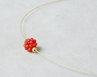 Red coral necklace, coral bead and gold plated silver choker on a gold wire, minimalist coral neckalce