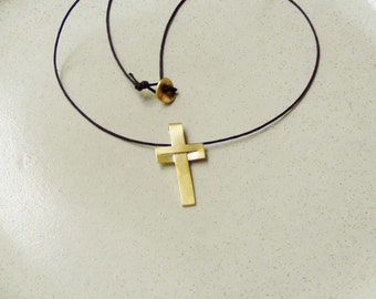 Minimalist gold cross, modern, unisex, 18 karat gold cross of minimal design on black cord, solid gold, unisex modern cross