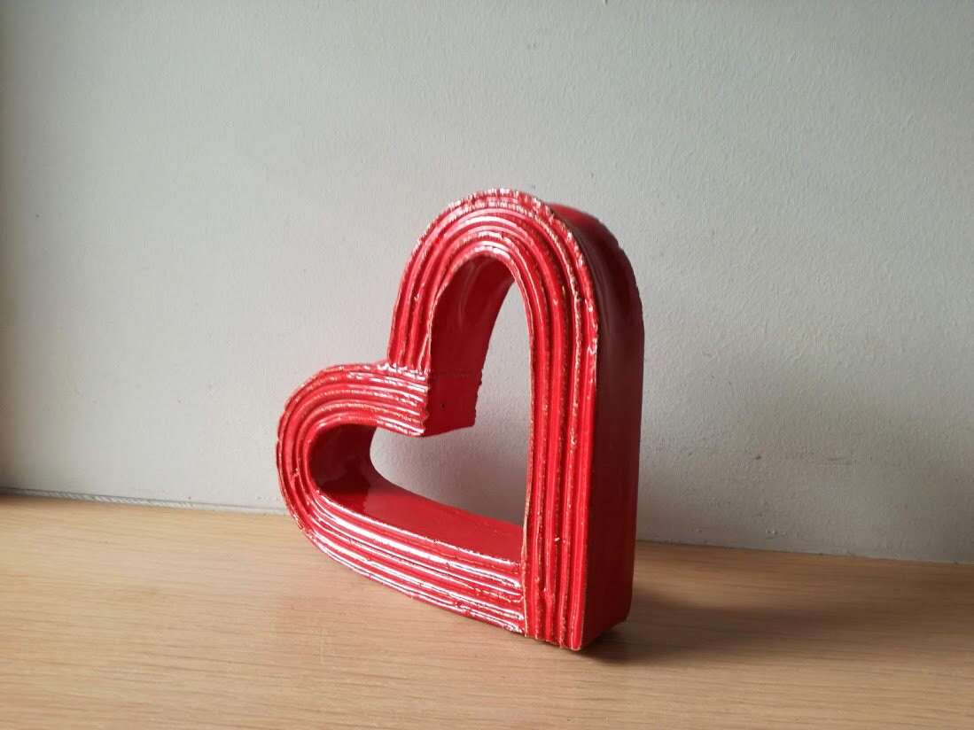 Red heart sculpture, bright red, ceramic heart outline sculpture