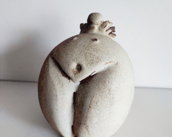 Primitive figure sculpture, stoneware clay, brown white, woman figure, rustic ceramic primitive fertility godess