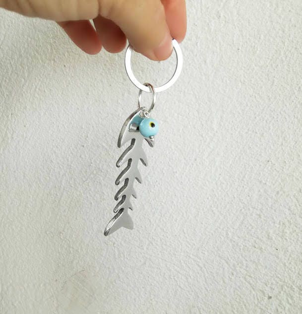 Silver fishbone keychain, aluminum fish bone, mini