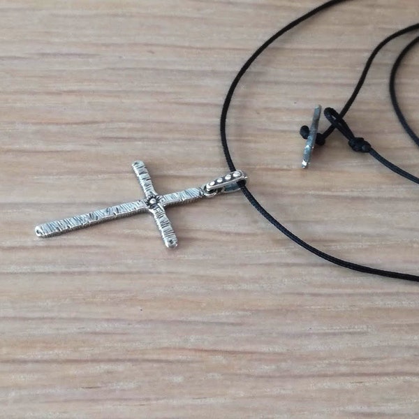 Silver mens cross, oxidised thin silver cross, textured silver cross on black cord, unisex silver cross, boho hipster silver cross