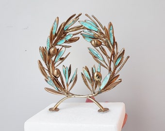 Brass olive wreath, real olive branches wreath, GrecoRoman style wreath on stone, electroplated olive branches art object