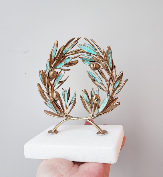 Brass olive wreath, real olive branches wreath, GrecoRoman style wreath on stone, electroplated olive branches art object