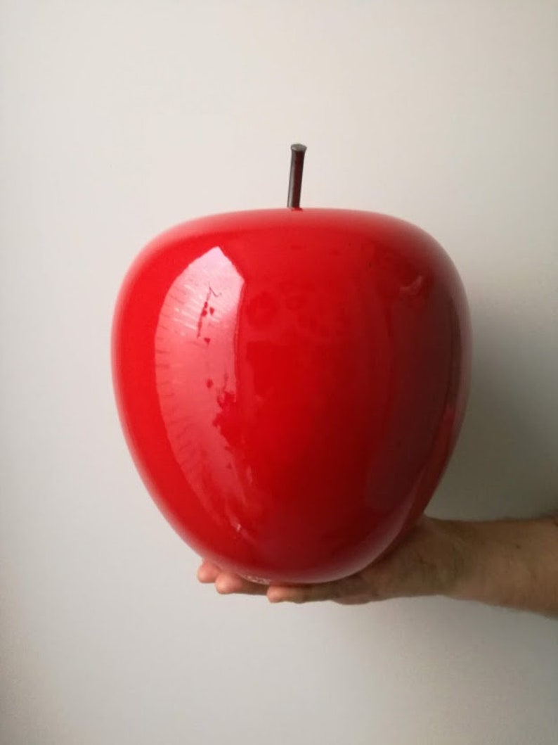 Large apple sculpture, large scarlet ceramic apple with black, iron stem, large apple sculpture, modern apple art object image 5