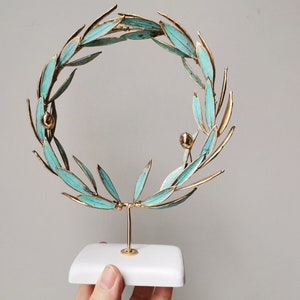 Gold olive wreath, real olive twigs wreath, GrecoRoman style wreath on white base, electroplated olive twigs with brass and copper image 1