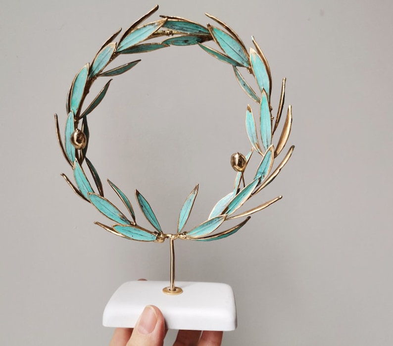 Gold olive wreath, real olive twigs wreath, GrecoRoman style wreath on white base, electroplated olive twigs with brass and copper image 1