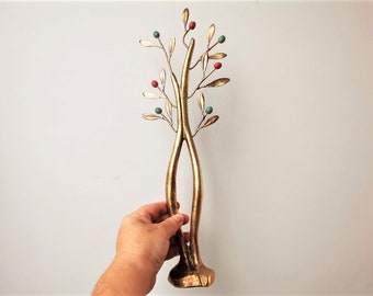 Modern olive tree sculpture, brass olive tree with colourful olives, slender olive tree with split trunk, metal tree with ceramic olives