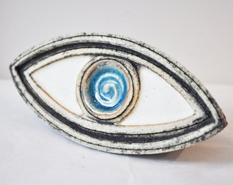 Stoneware blue eye sculpture, high fire Greek ceramics, turquoise blue and white eye