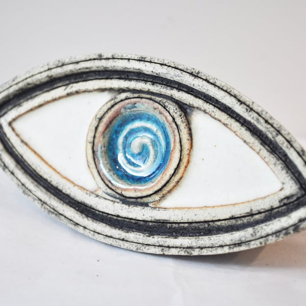 Stoneware blue eye sculpture, high fire Greek ceramics, turquoise blue and white eye